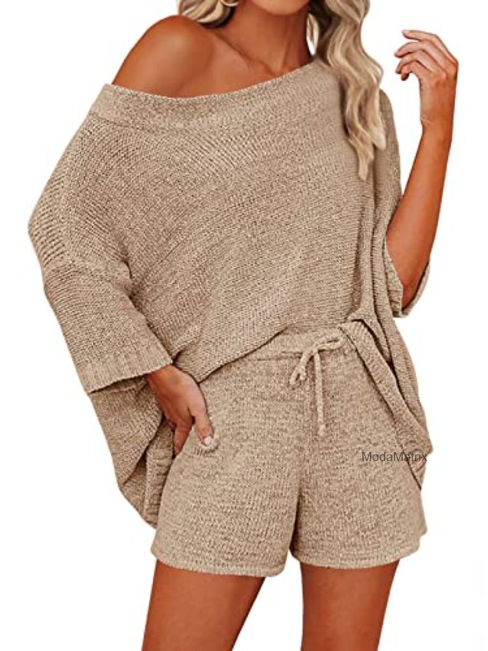 Off Shoulder Knit 2 Piece Lounge Set Shorts Matching Outfit Acrylic Nylon
